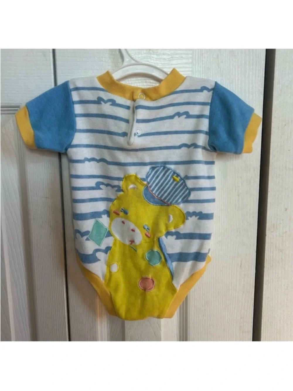 Vintage Lovespun Bodysuit in White, Blue & Yellow with Train Graphic